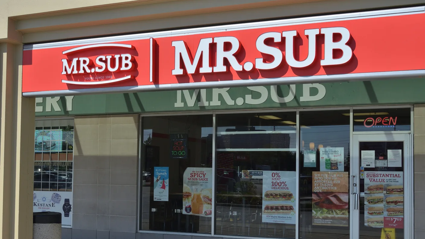A Mr. Sub storefront with the red and white sign
